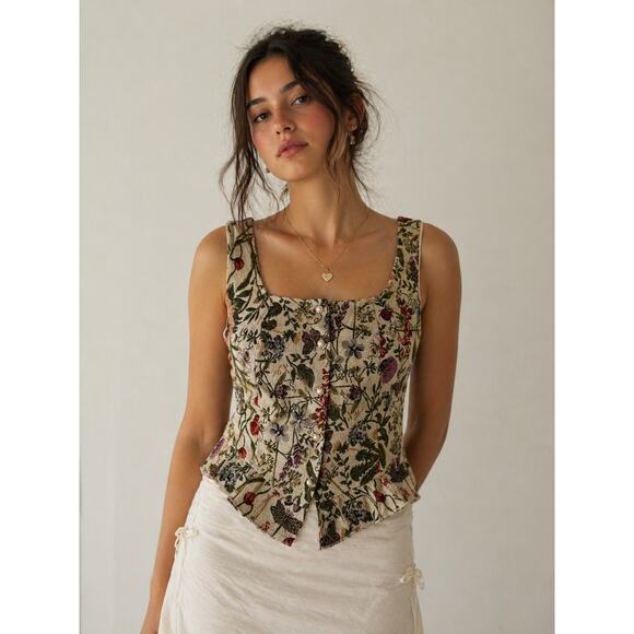 Unbranded Tops - Brocade Tapestry Corset Tank M Botanical Floral Milkmaid Cottagecore